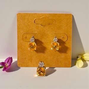 Citrine and Diamond Stud Earrings & Necklace Pendant Set